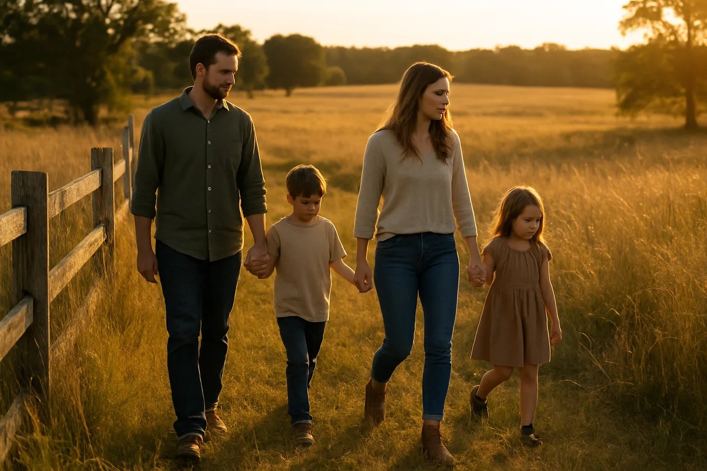 Family walking along inherited rural property