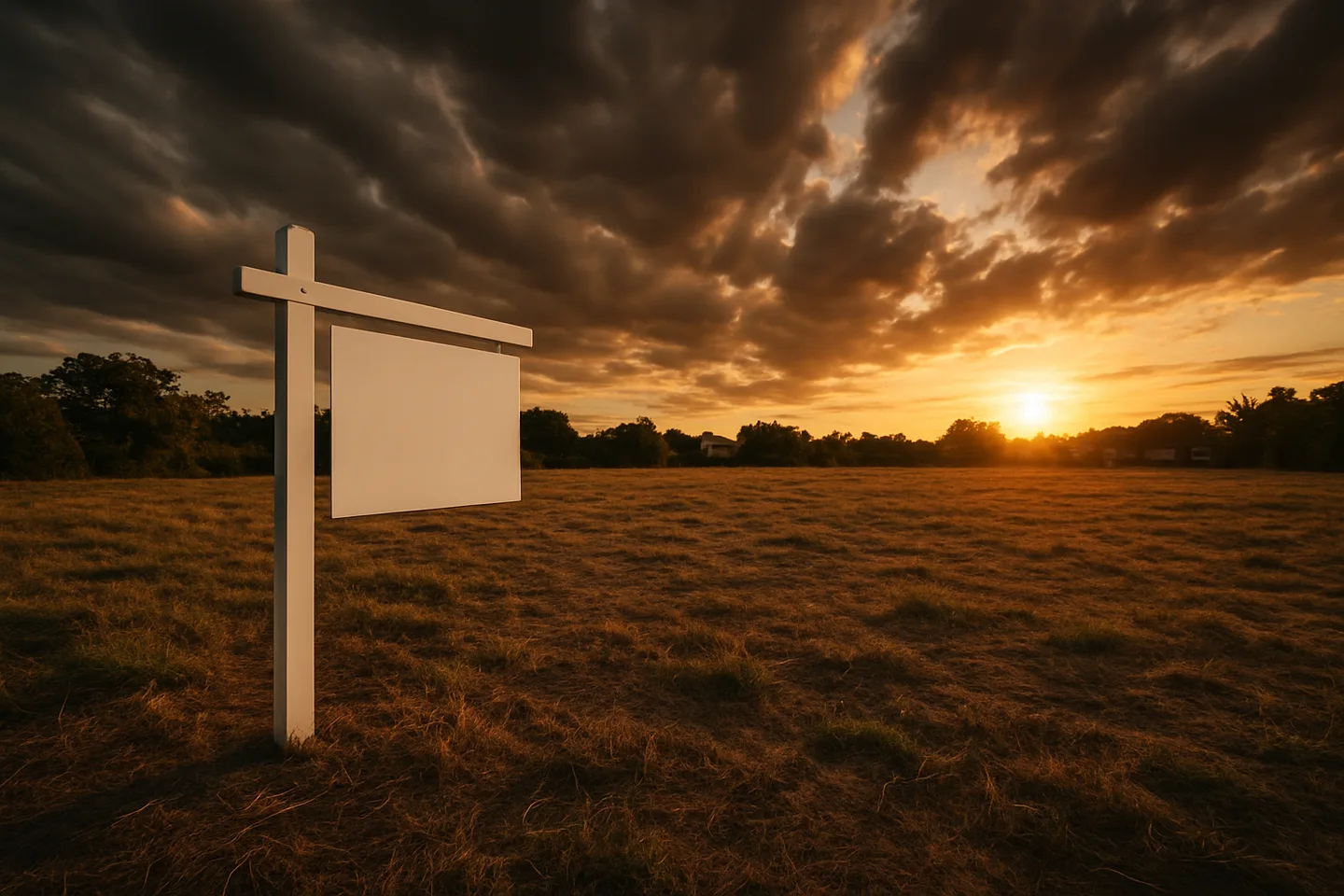 Vacant land parcel with real estate sign at golden hour