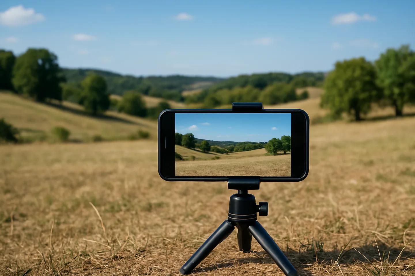 Smartphone on tripod photographing a vacant land parcel