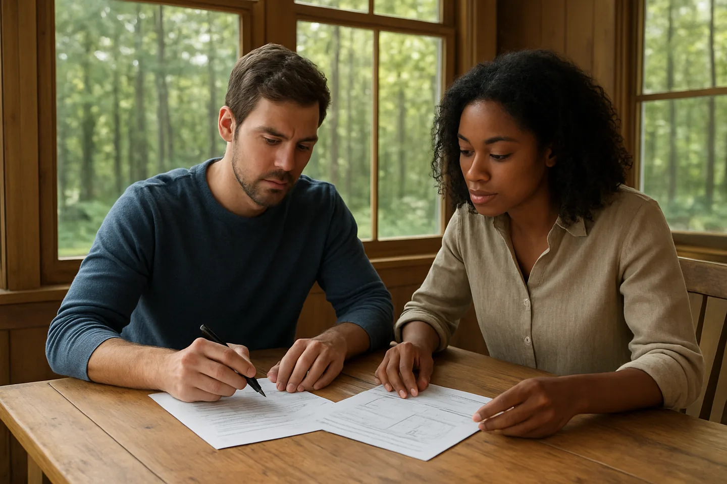 Two people reviewing land sale documents without a realtor
