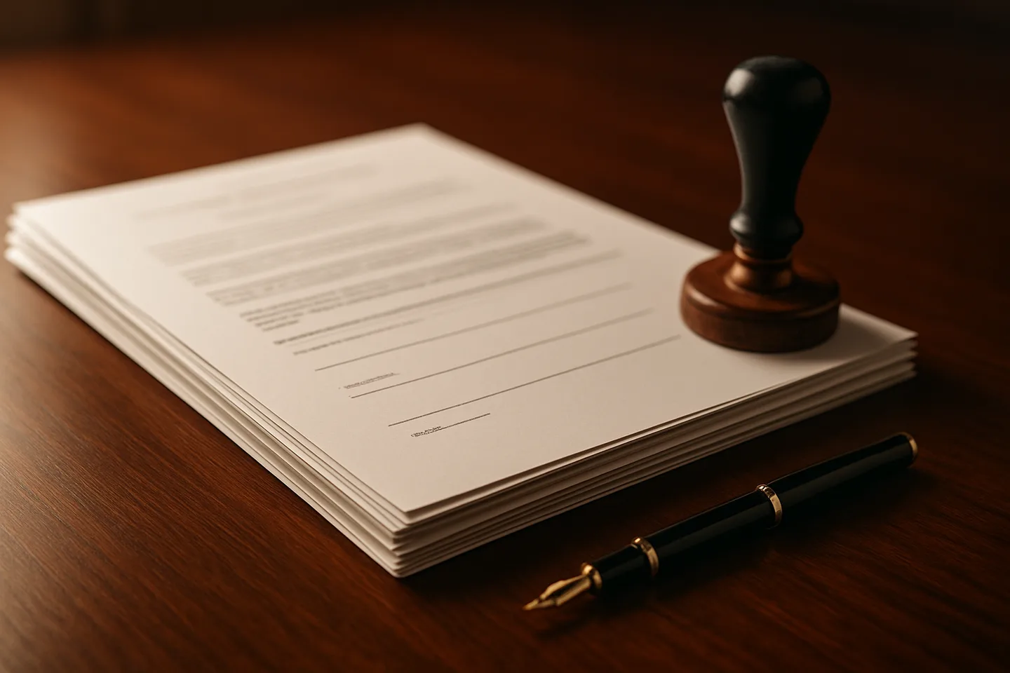 Legal land deed with notary stamp and fountain pen on desk