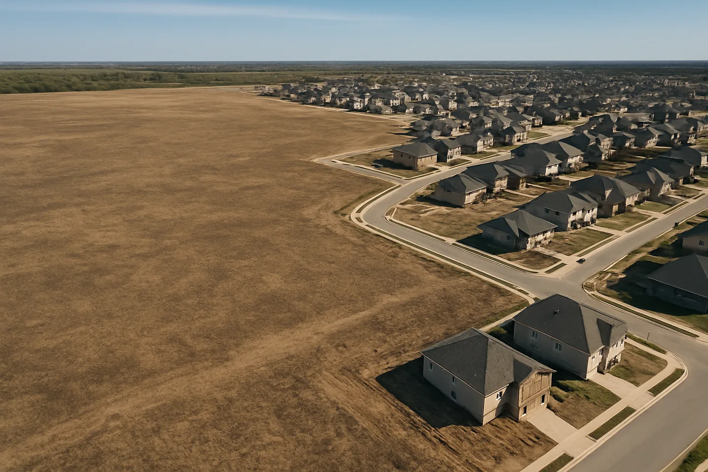 Aerial view of undeveloped land next to new construction