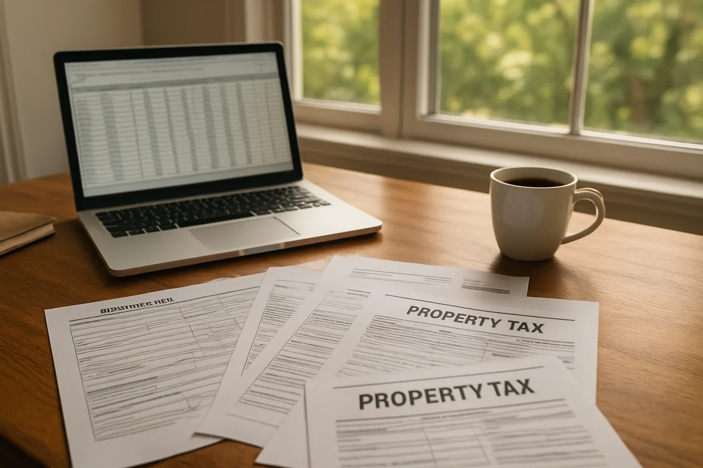 Property tax documents and laptop on a desk