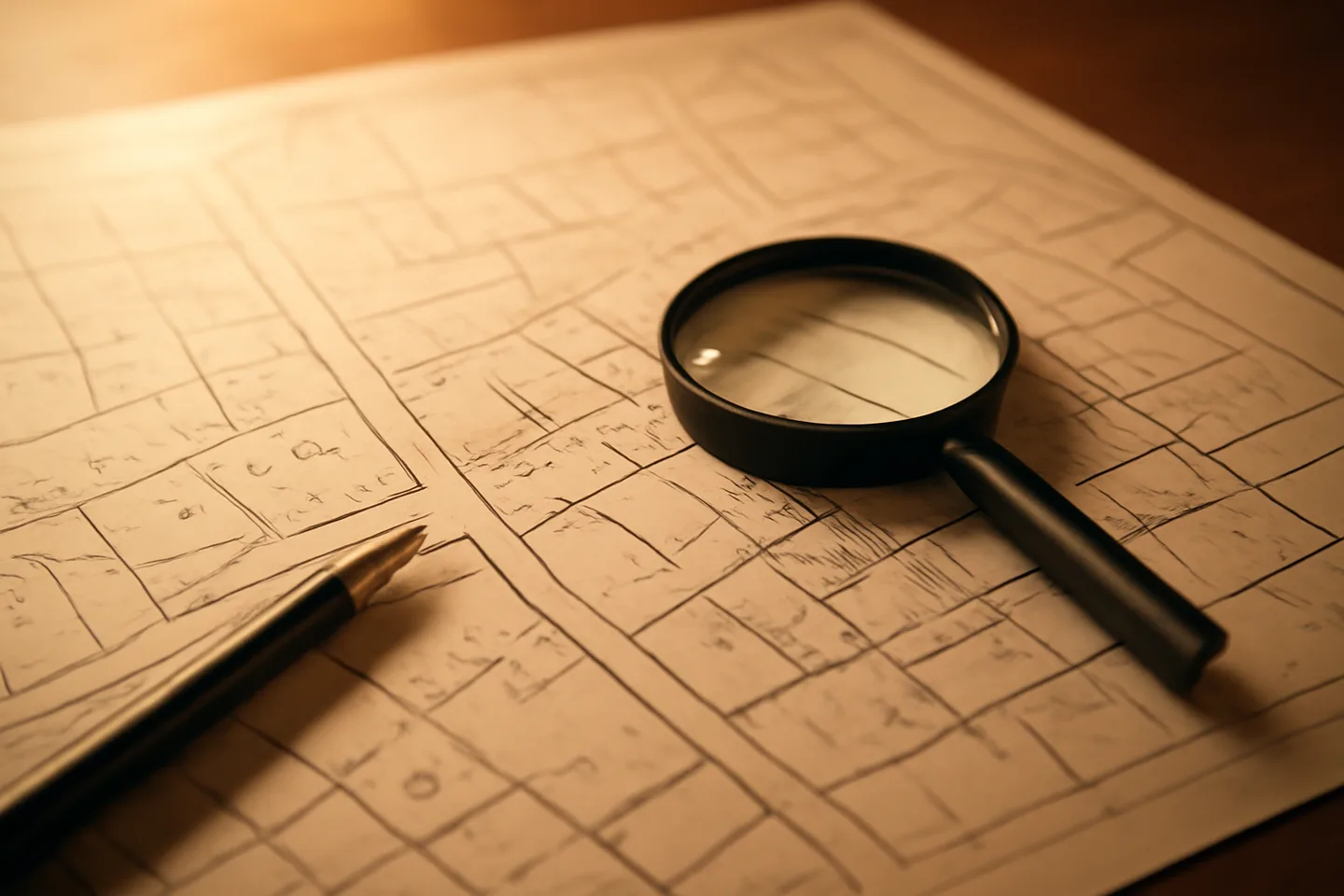 Property survey map and magnifying glass on a table