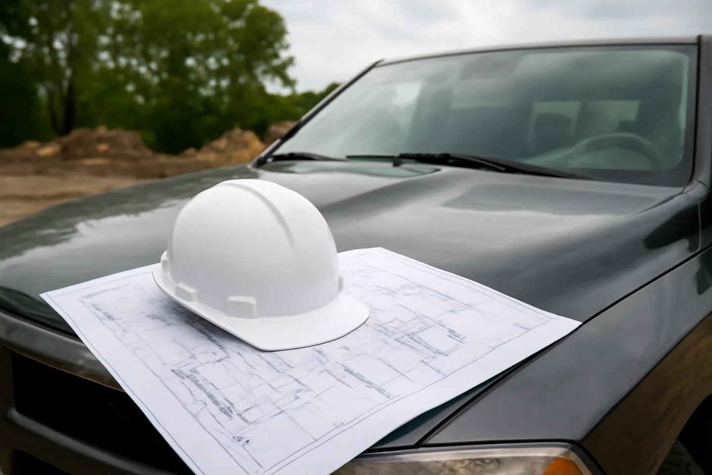 Blueprints and hard hat on a truck hood at a construction site