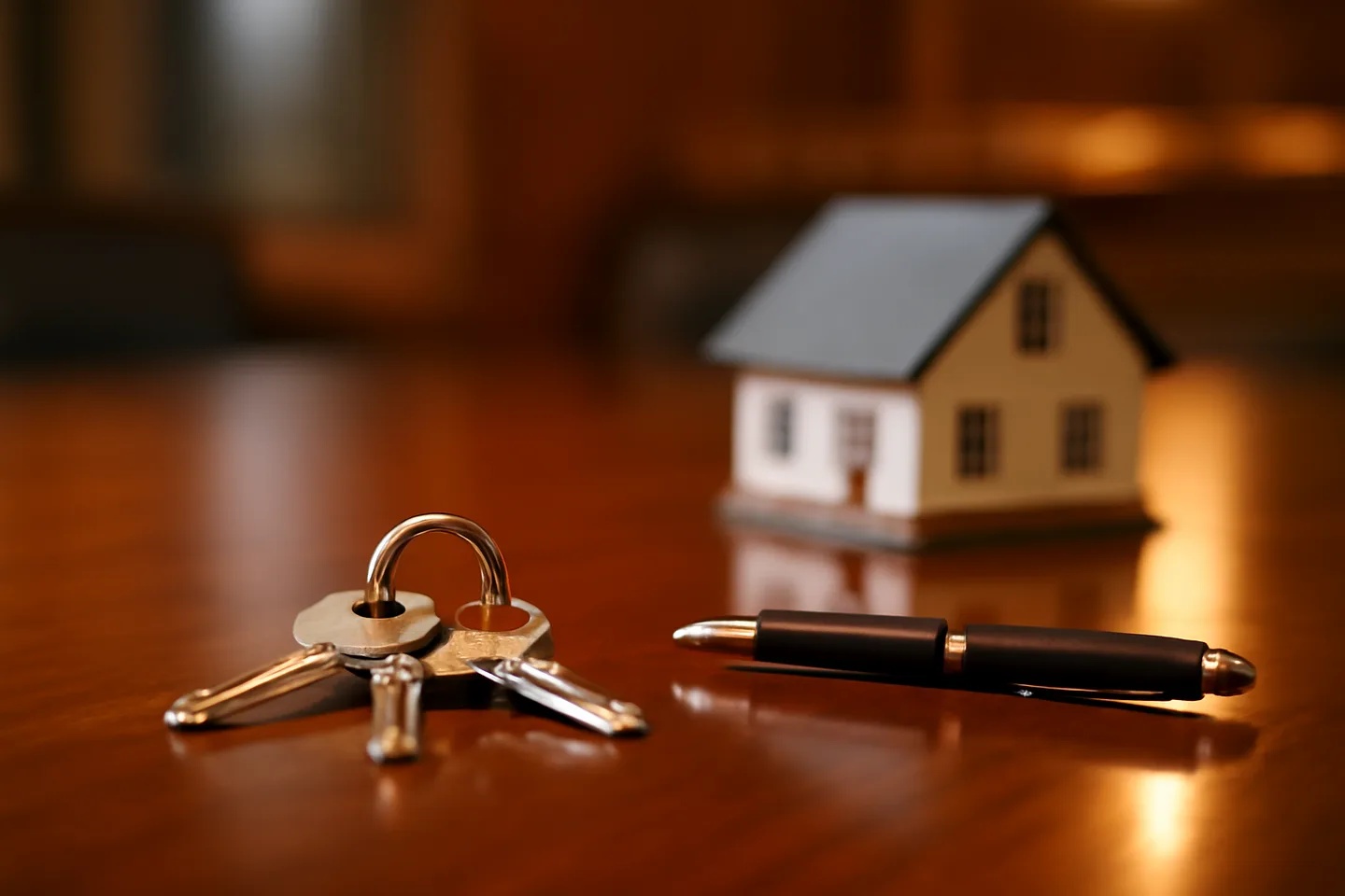 Property closing table with signed documents and keys from above