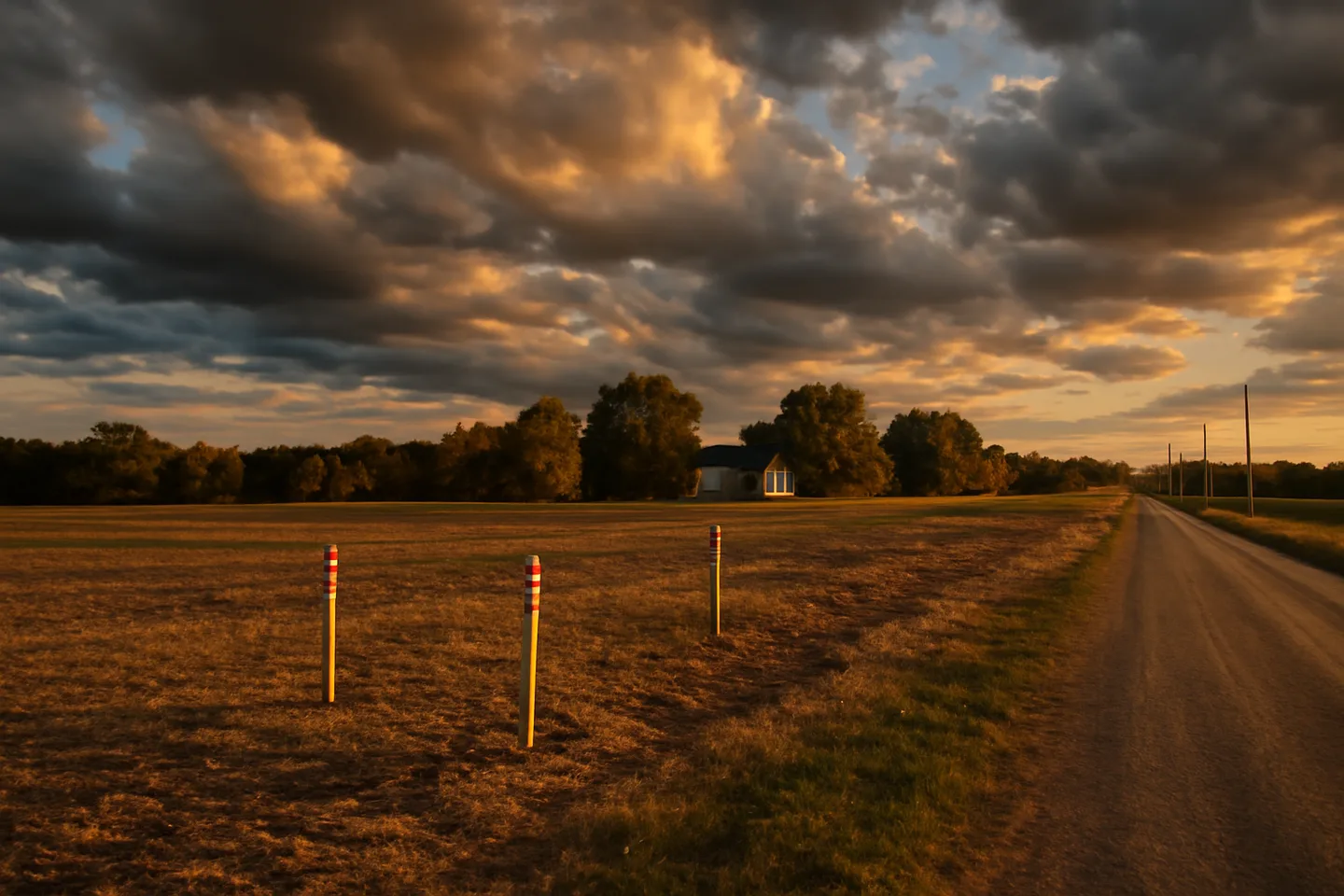 Rural property with survey stakes along a county road
