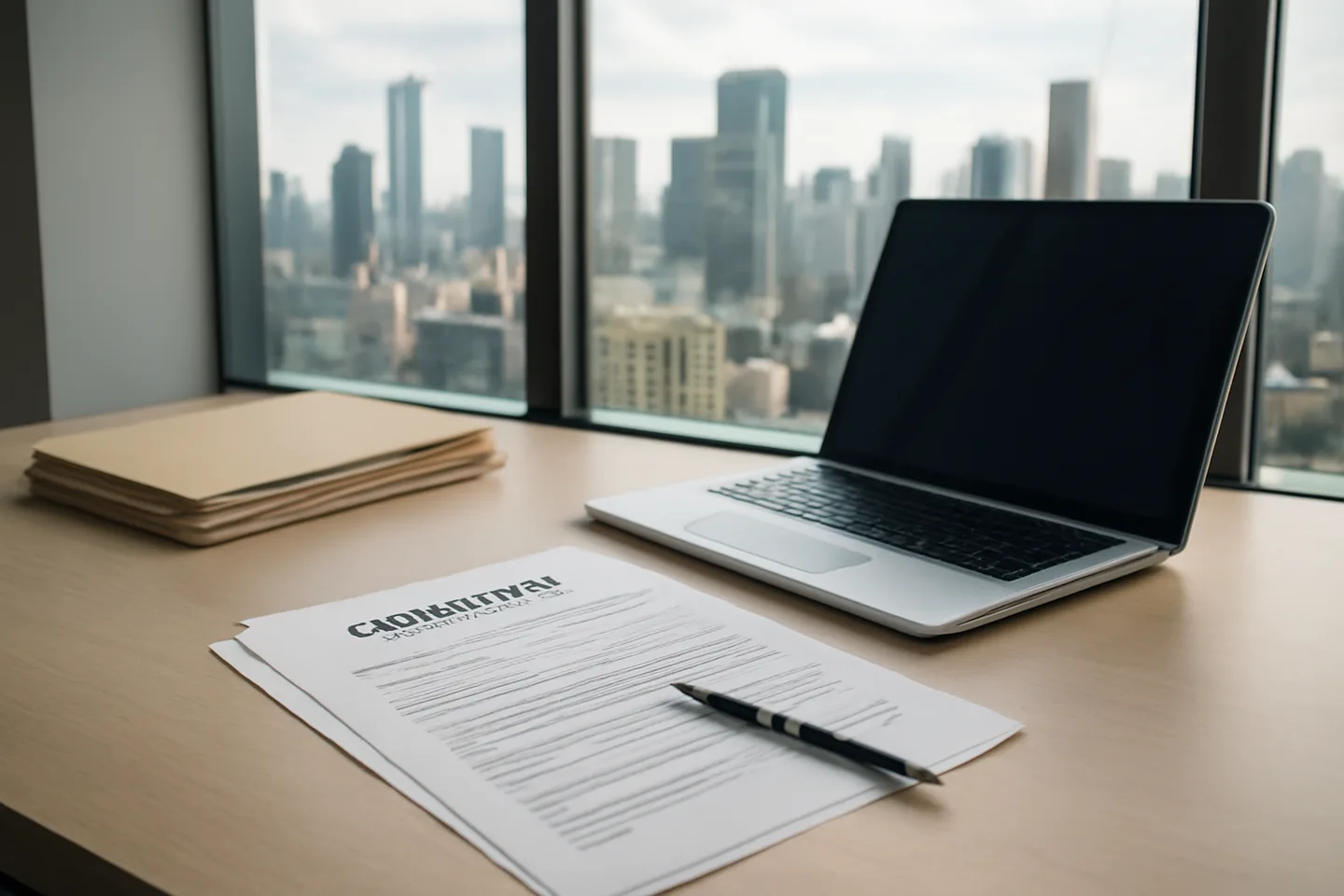 Professional office with property documents and city view